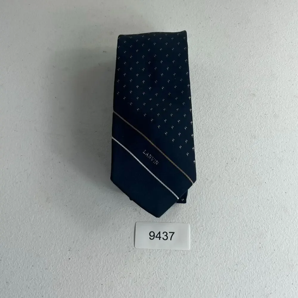 Lanvin Paris Necktie Men's Navy Blue Striped Pin Dot Logo